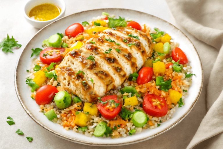 Salade de poulet grillé, quinoa et légumes croquants