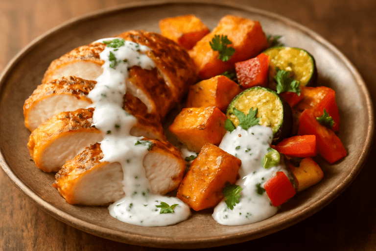 Saftig kycklingfilé med rostade grönsaker och yoghurt-dressing