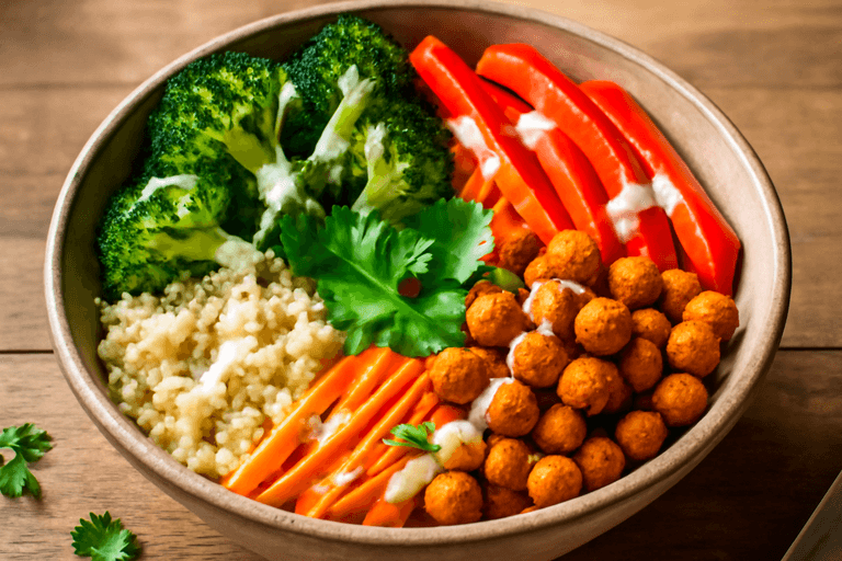 Leichter Quinoa-Bowl mit geröstetem Gemüse & Tahini-Dressing
