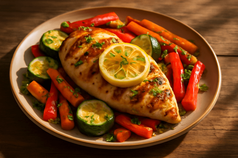 Poulet grillé au citron et légumes rôtis