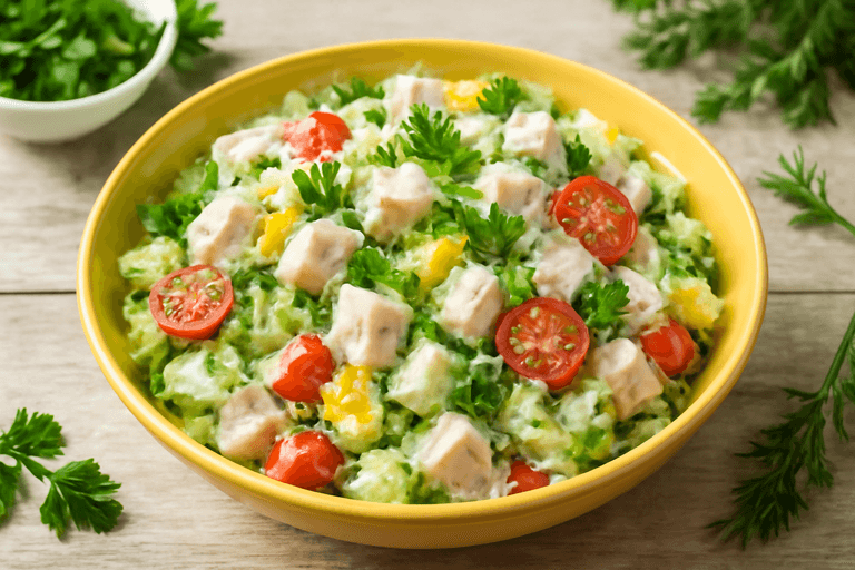 Лёгкий куриный салат с овощами и йогуртовой заправкой