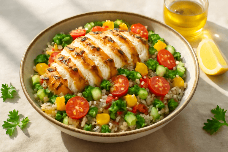 Легкий куриный салат с киноа и овощами