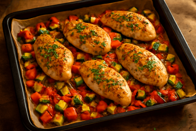 Piept de pui la cuptor cu legume mediteraneene