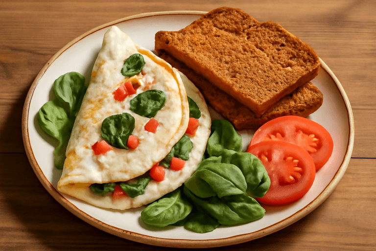 Omelette clásico de claras y espinacas con tomate y pan integral