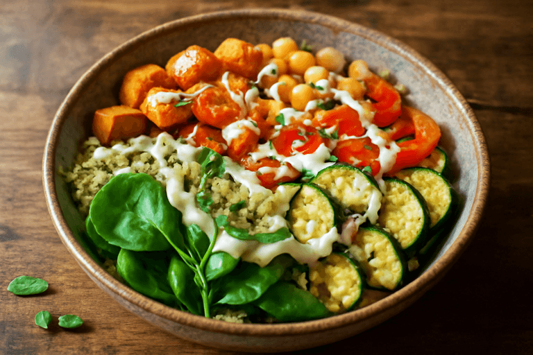 Proteinreicher Quinoa-Gemüse-Bowl mit Tahini-Dressing