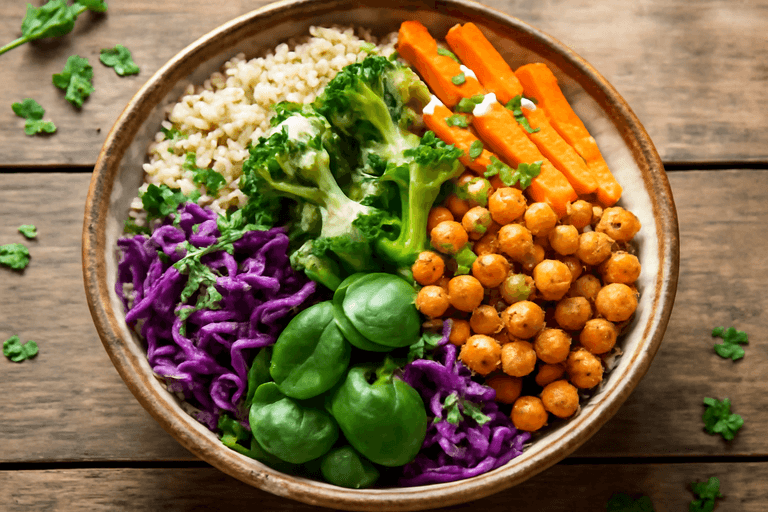 Vegane Buddha-Bowl mit Quinoa und gebackenem Gemüse