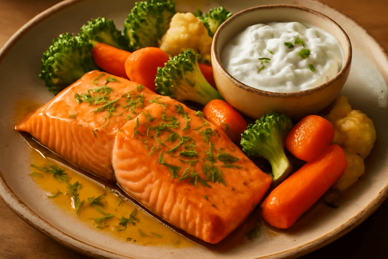 Laxfilé med ugnsrostade grönsaker & örtsås