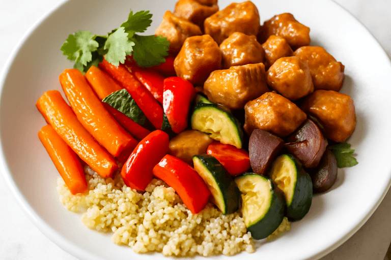 Poulet sauté aux légumes croquants et quinoa parfumé