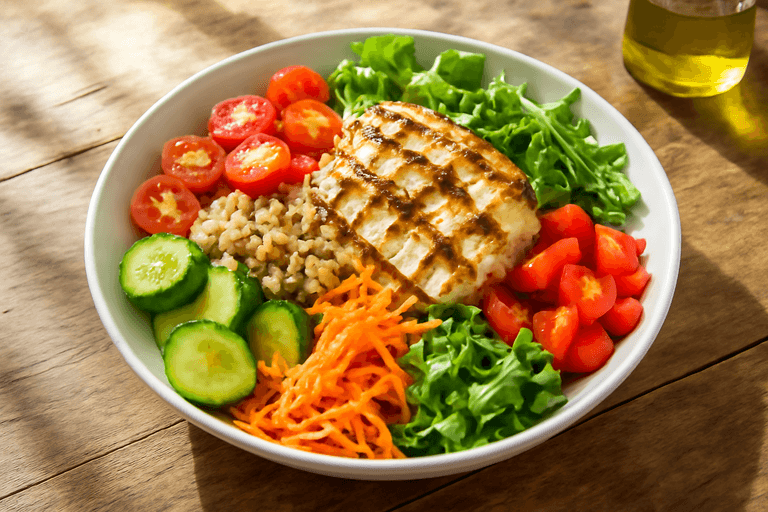 Salade de poulet grillé, quinoa et légumes croquants