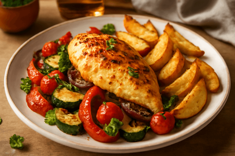 Hähnchenbrust auf mediterranem Gemüse mit Ofenkartoffeln