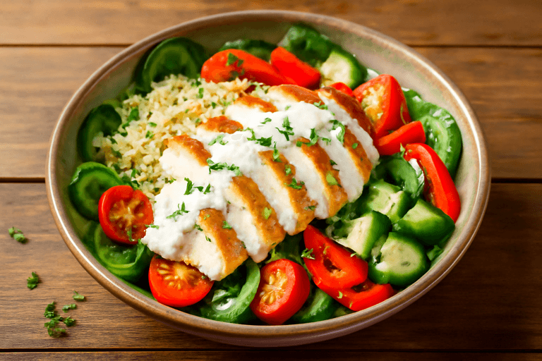 Färgstark kycklingsallad med quinoa och citronyoghurt