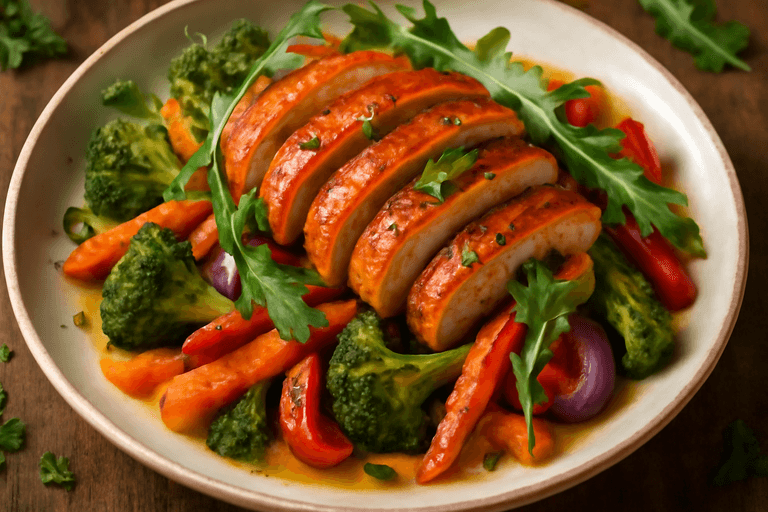 Saftig Kycklingfilé med Rostade Grönsaker och Citrondressing