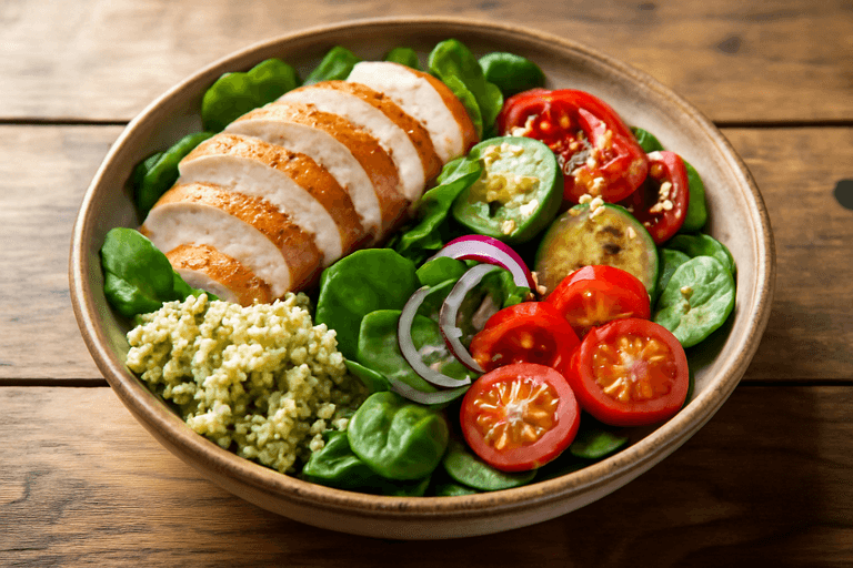 Färsk kycklingsallad med quinoa och grillade grönsaker