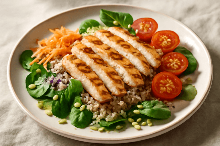 Ensalada tibia de pollo a la plancha con quinoa y vegetales