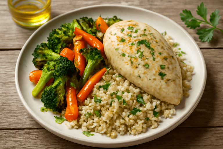 Запечённая куриная грудка с овощами и киноа