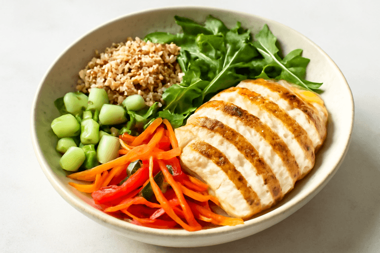 Bol déjeuner minceur au poulet grillé et légumes croquants