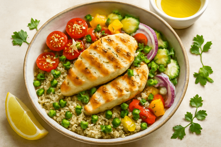 Salată sățioasă cu piept de pui, quinoa și legume crocante