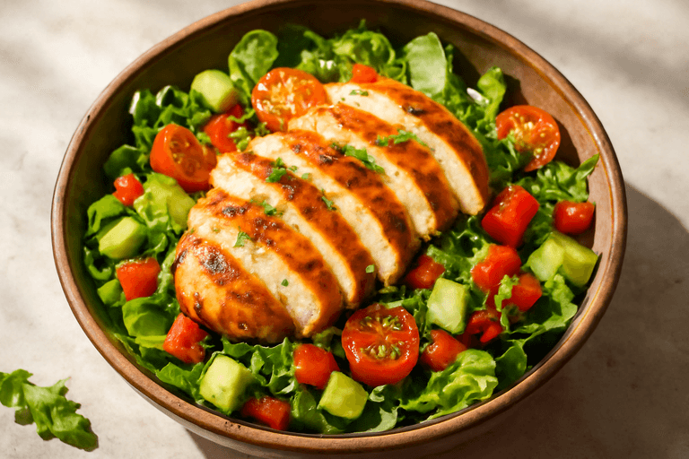 Salade de poulet grillé aux légumes colorés