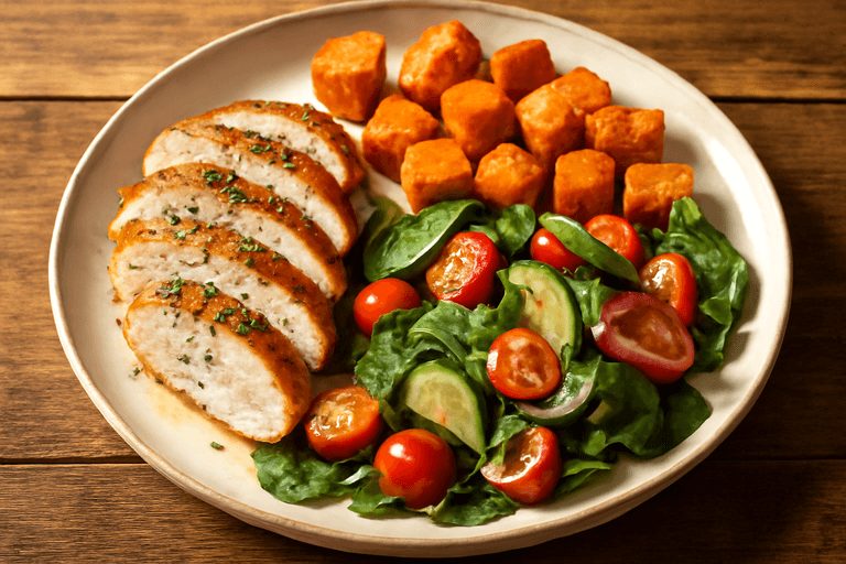 Kycklingfilé med rostad sötpotatis & grönsakssallad