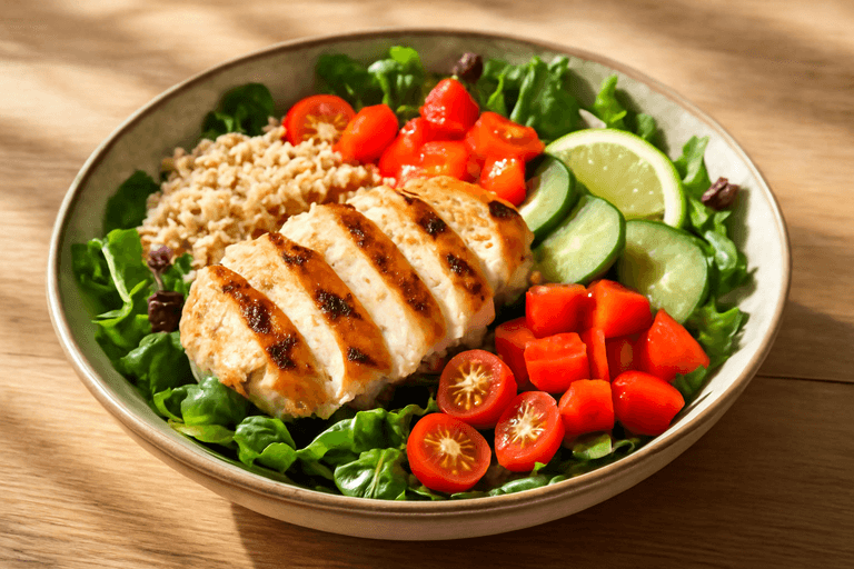 Salade de poulet grillé, quinoa et légumes croquants