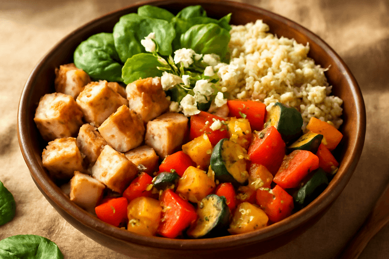 Proteinrik kyckling- & quinoaskål med rostade grönsaker