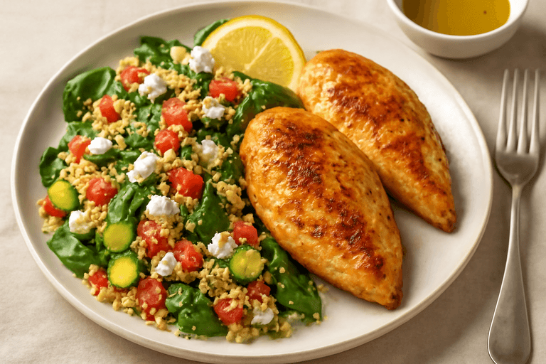 Pollo a la plancha con ensalada mediterránea y quinoa