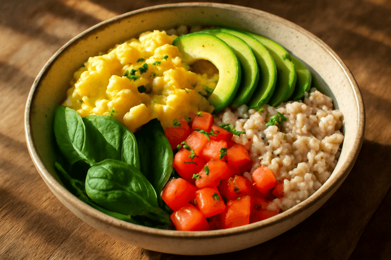 Power-Frühstücks-Bowl mit Rührei, Avocado & Haferflocken
