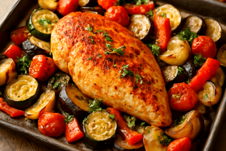 Gebackenes Hähnchenfilet auf mediterranem Gemüse