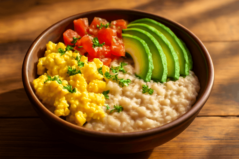 Protein-Power-Haferpfanne mit Rührei und Avocado