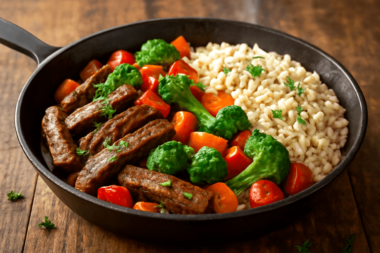 Proteinreiche Rinderpfanne mit buntem Gemüse und Vollkornreis