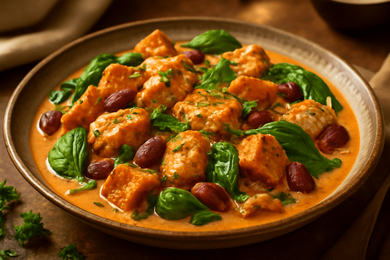 Proteinrik kycklinggryta med rostad sötpotatis