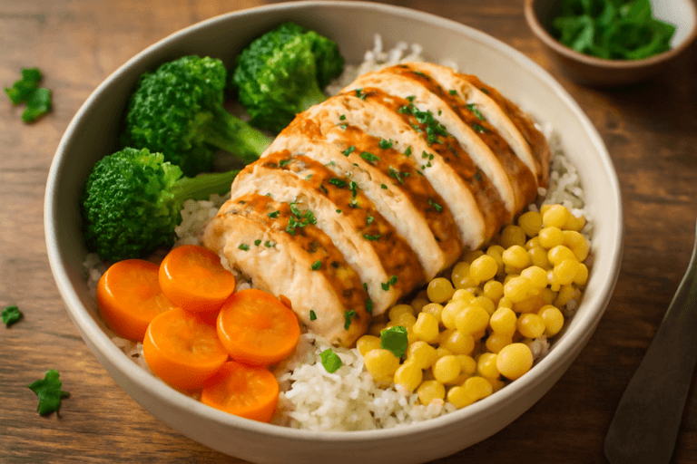 Bowl Clássico de Frango Grelhado com Arroz e Legumes Coloridos
