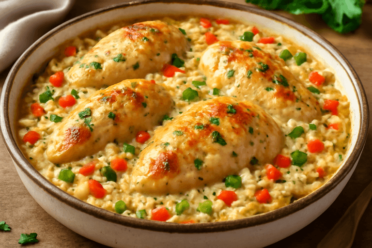 Pui cremos cu orez și legume la cuptor