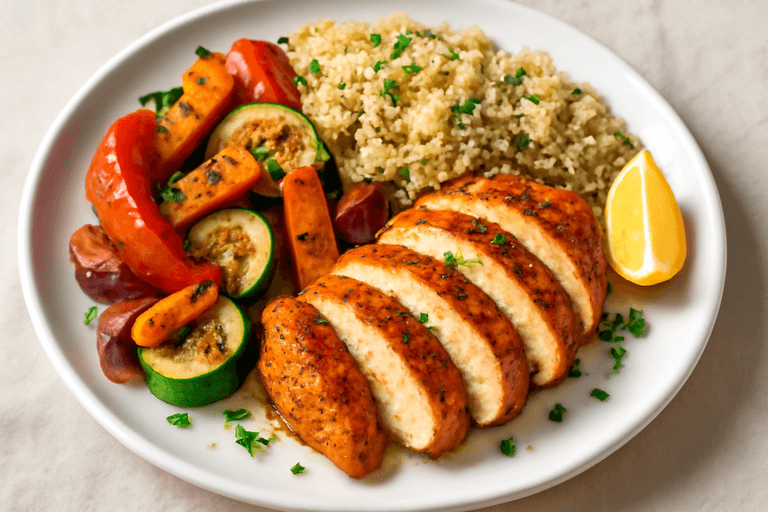 Klassisk kycklingfilé med ugnsbakade grönsaker och quinoa