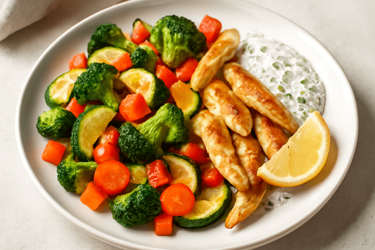 Hähnchen-Gemüse-Pfanne mit Kräuterquark