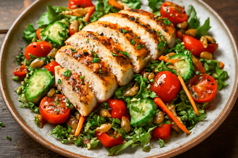 Salade de Poulet Grillé, Quinoa et Légumes Croquants