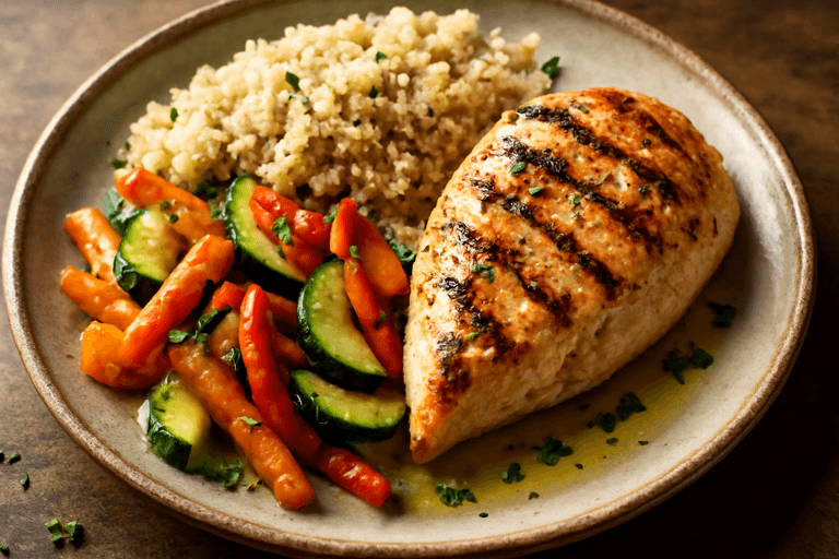 Pollo a la plancha con quinoa y verduras salteadas
