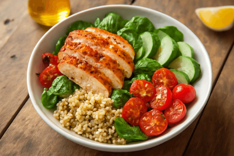 Kryddig Kycklingsallad med Quinoa och Rostade Grönsaker