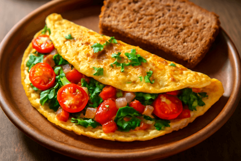 Proteinrik frukostomelett med grönsaker och fullkornsbröd
