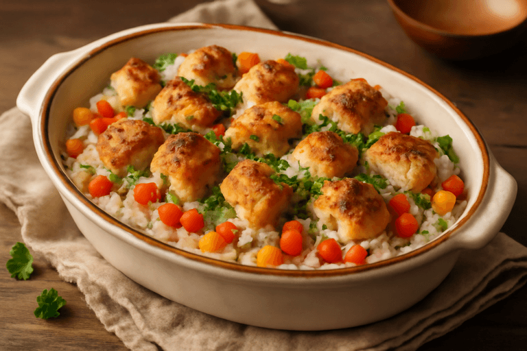 Pui la cuptor cu orez cremos și legume colorate