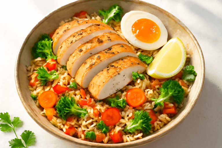 Bowl energizant cu pui la grătar și orez cu legume