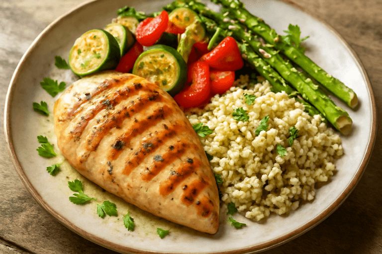 Pollo a la plancha con verduras asadas y quinoa