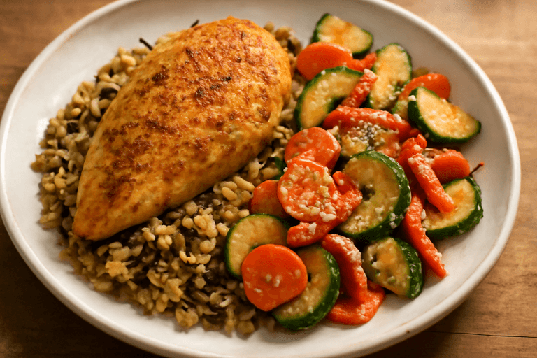 Pui la cuptor cu orez sălbatic și legume rumenite