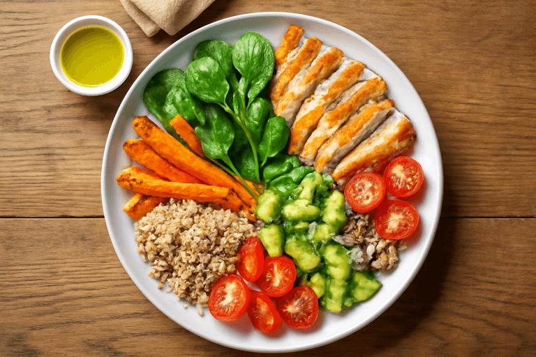 Proteinrik kycklingsallad med rostade grönsaker och quinoa