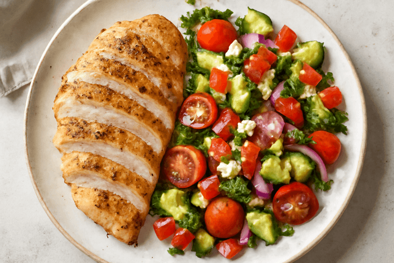 Pollo a la plancha con ensalada mediterránea energizante