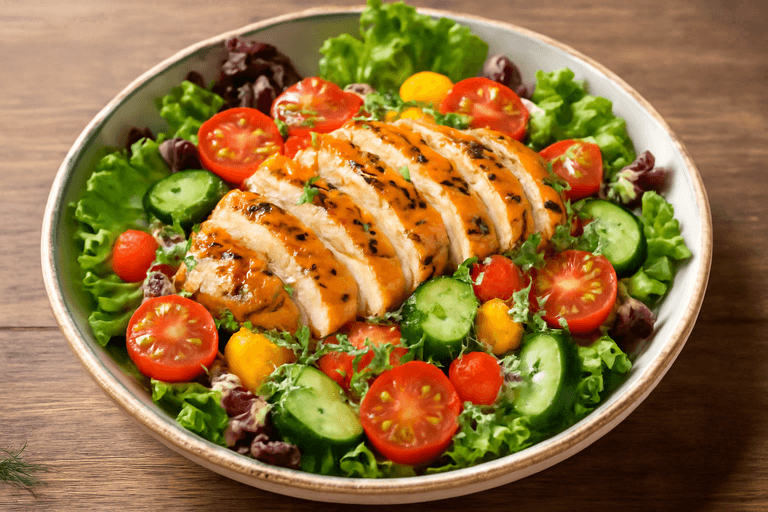 Салат с курицей-гриль, киноа и овощами