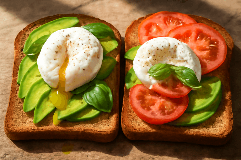 Tostadas Integrales con Aguacate, Huevo Poché y Tomate al Aroma de Albahaca
