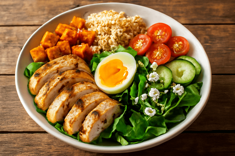 Proteinrik klassisk kycklingsallad med rostade sötpotatis