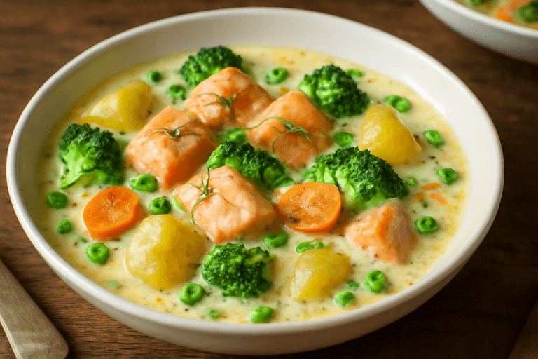 Krämig laxgryta med potatis och grönsaker