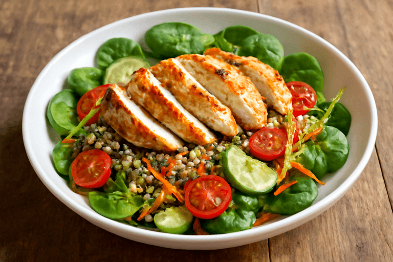 Ensalada clásica de pollo a la plancha con quinoa y vegetales frescos